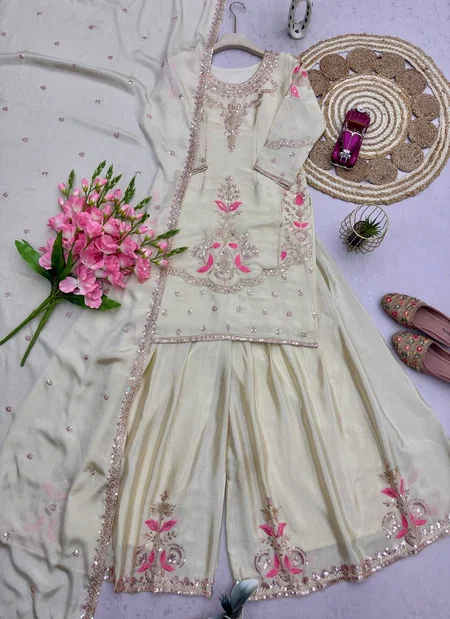 Sc 1328 Chinon Silk Embroidery Work Kurti With Plazzo Dupatta